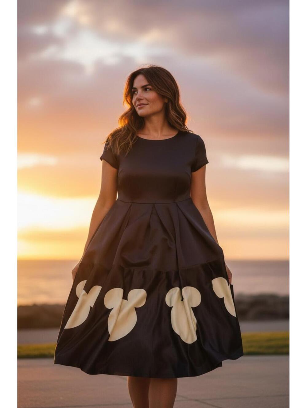 Midi Dress with Cream Mickey Mouse Silhouettes